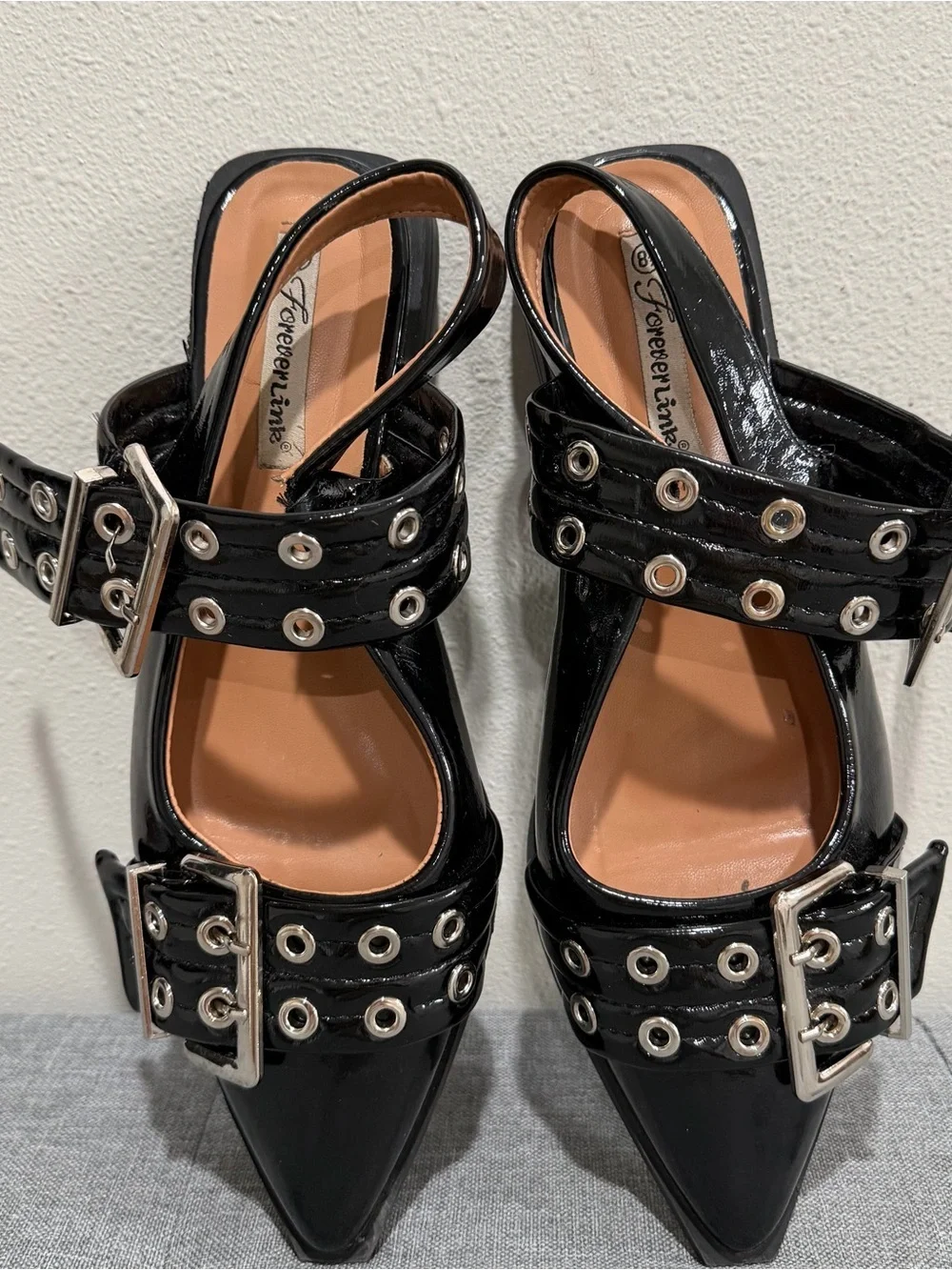 Black Slingback Buckle Grommet Flats